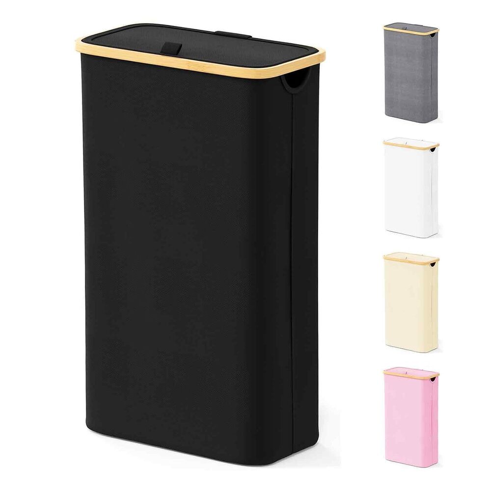 Slim Laundry Hamper with Lid, 65L Narrow Clothes Basket Bin with Bamboo